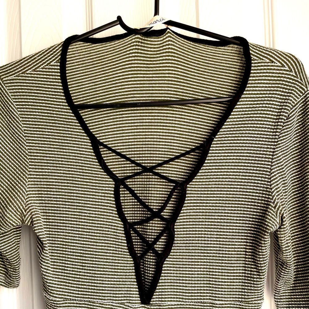 Medium size Open V-neck army green, White,and black bodysuit
